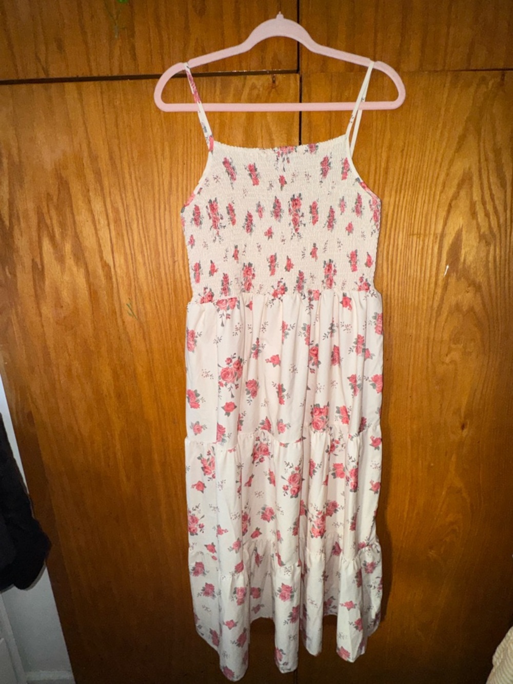 SHEIN Cream Floral Smocked Sundress with Pink Roses